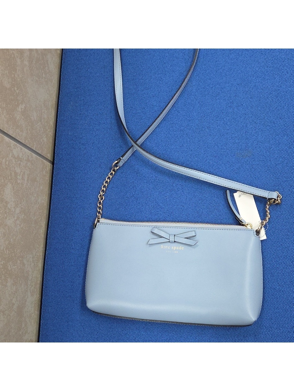 Kate Spade New York Blue Leather Bow Zipper Closure Chain Strap Crossbody Bag